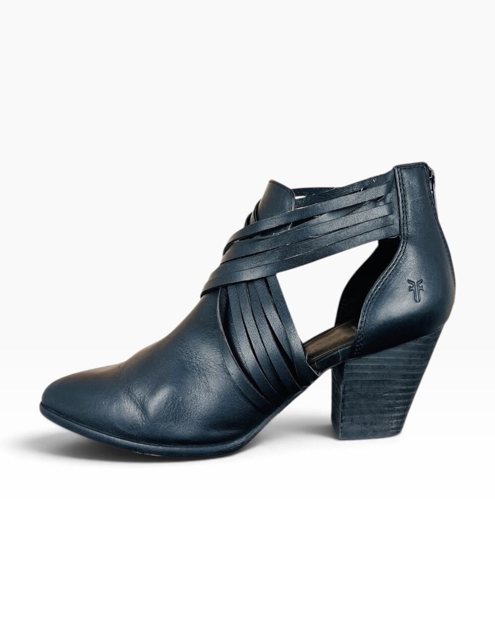 Frye Reed Horizon Black Leather Strappy Cutout Block Heel Booties Size 7